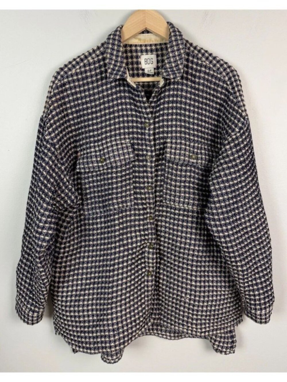 BDG Urban Outfitters Waffle Knit Quilted Button Up Shirt Navy Cream Size Small